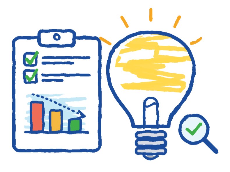 Illustration of a lighting audit checklist, energy savings chart, and light bulb